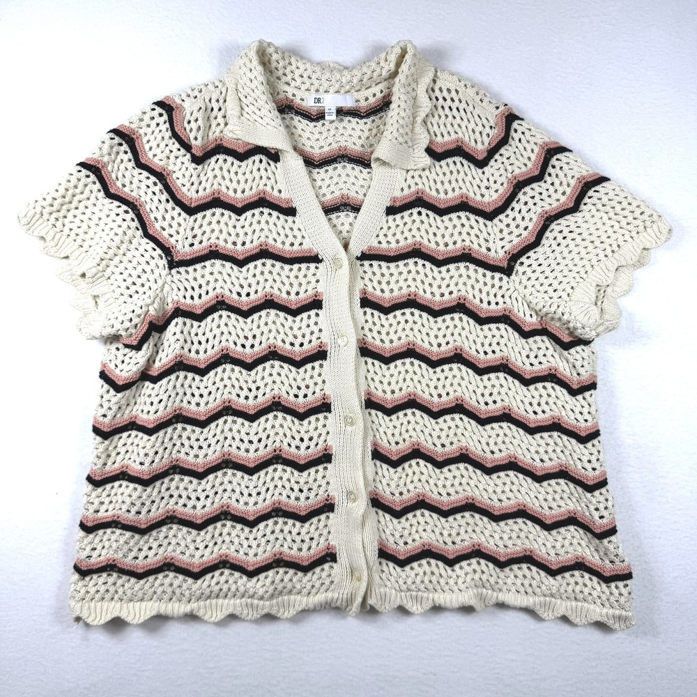 DR2 by Daniel Rainn Womens 1X Crochet Knit Cardigan Chevron Stripe Short Sleeve